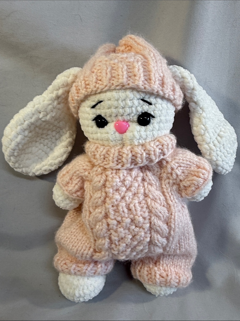 NEW - Handmade 9" Plush Velour Bunny with knit overalls and hat